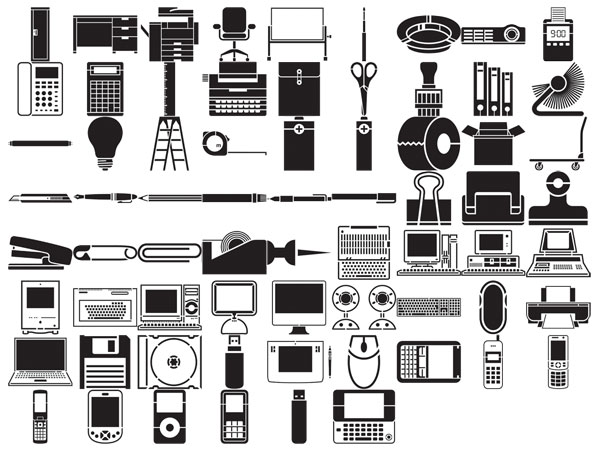 各种剪影元素矢量素材-办公、文具、数码产品类（69个元素）