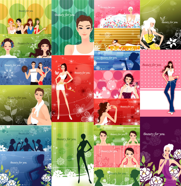 时尚女性与花纹植物矢量素材-2