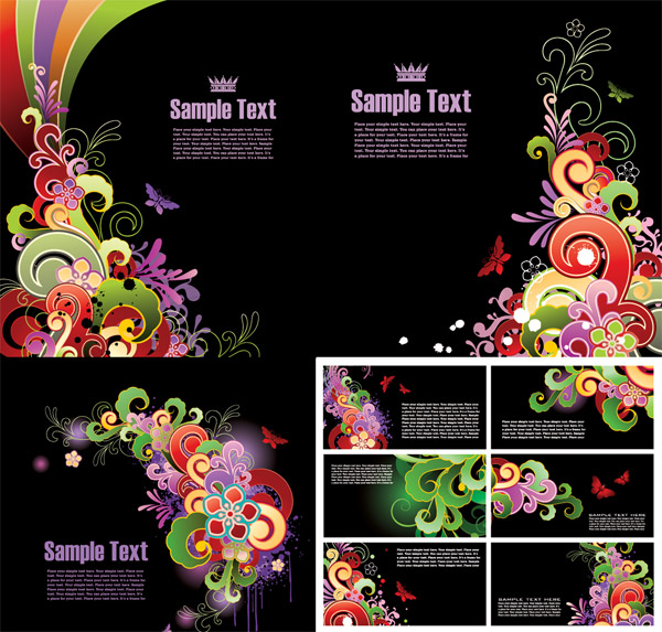 缤纷花纹蝴蝶卡片模板矢量素材