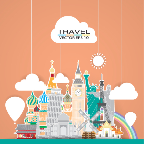 Global landmarks paper-cut style vector material