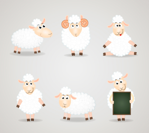 6 white cartoon sheep vector material