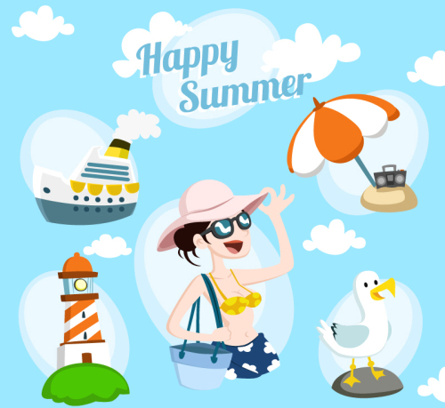 5 fresh summer vacation element vector material