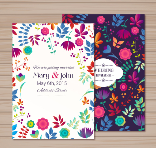 2 Vector cartoon flower wedding invitations