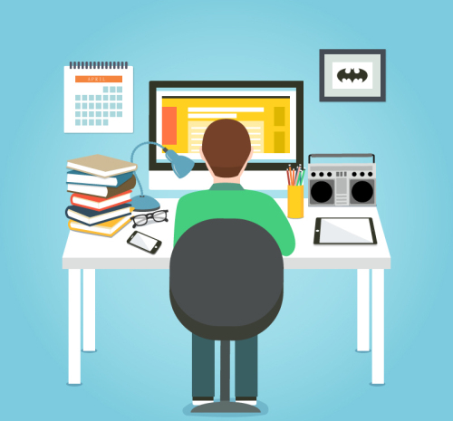 Men work in front of the vector material