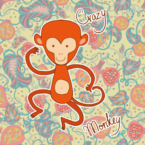 Cartoon monkeys and pomegranate background design vector material
