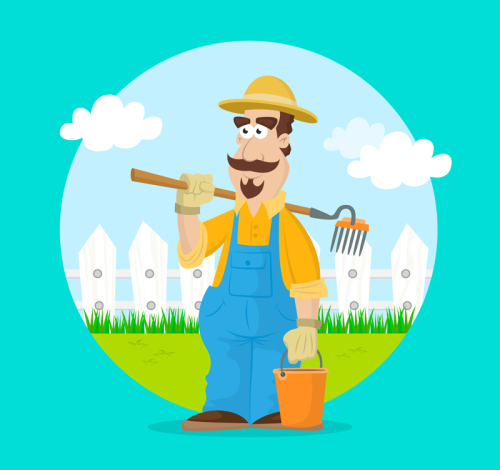 Cartoon farmer take rake design vector material