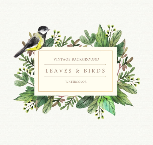 Water painted flowers and birds vector material