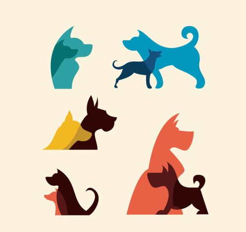 5 color pet dog silhouette vector